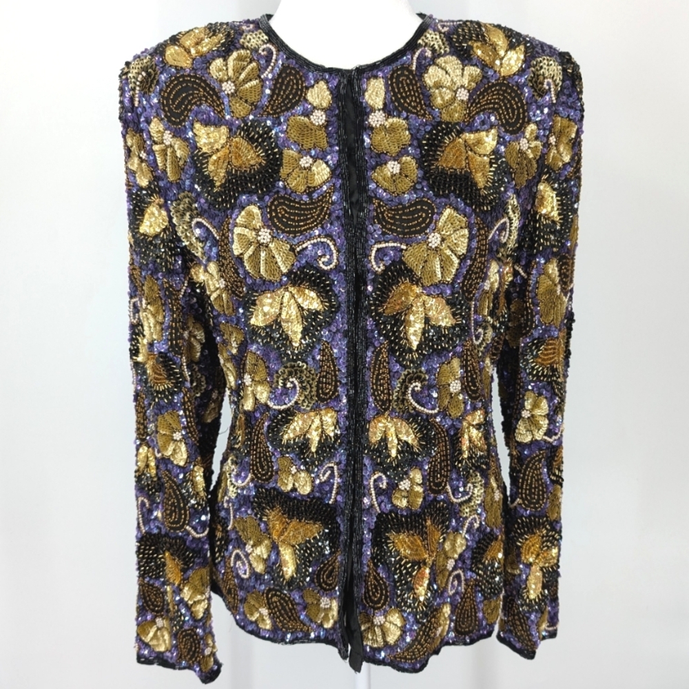 Vintage Laurence Kazar Purple Gold Black Floral Beaded Sequin Silk Jacket Large